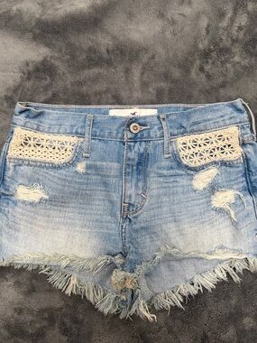 Hollister Light Blue Distressed Denim Shorts with Crochet Trim